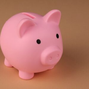 A pink piggy bank symbolizes savings and budgeting on a simple brown backdrop.