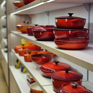 Vibrant array of pots and pans on store shelves in an indoor kitchenware section.